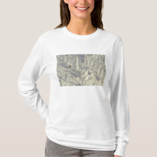 Alpineskiër in dikke sneeuwgeesten bij Big T-shirt