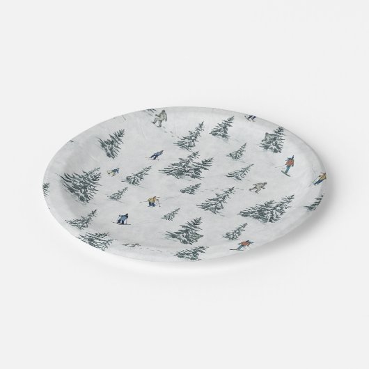 Alpineskiërs en Verborgen Yetis - Downhill Skiën Papieren Bordje (Gekanteld)