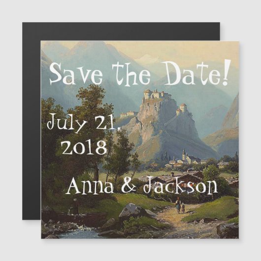 Alps Castle Stream Save Date Magnetic Card Magnetische Uitnodiging (Voorkant / Achterkant)