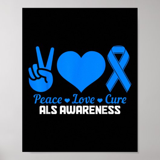 ALS Awareness Month Peace Love Cure Blue Ribbon Poster (Voorkant)