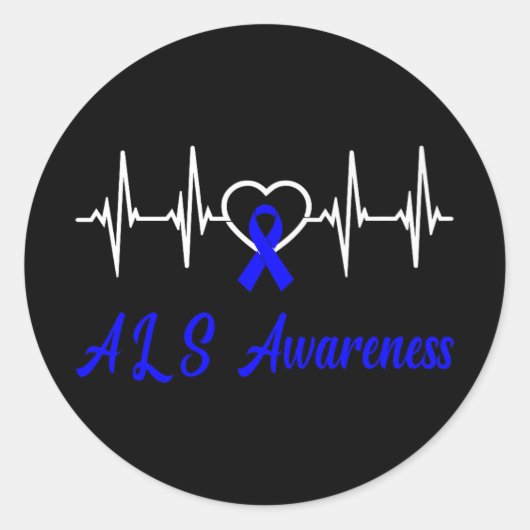 ALS Bewustzijn Heartbeat Love Blue Ribbon Support  Ronde Sticker (Voorkant)