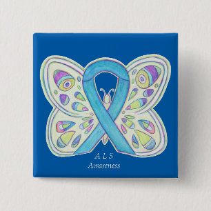 ALS Blue Butterfly Awareness Ribbon Custom Art Pin Vierkante Button 5,1 Cm