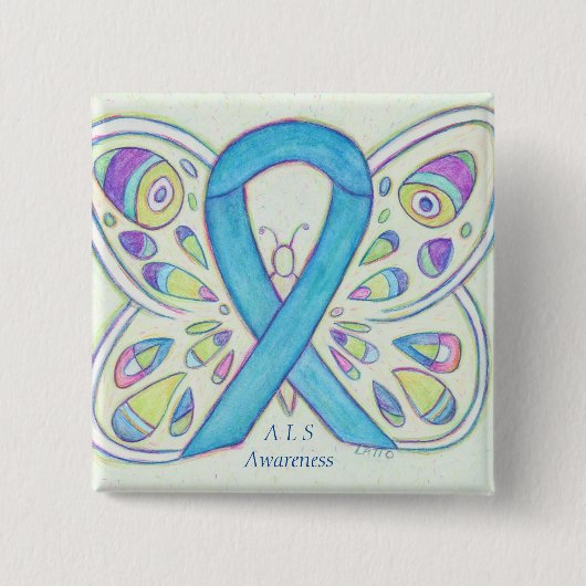 ALS Blue Butterfly Awareness Ribbon Custom Art Pin Vierkante Button 5,1 Cm (Voorkant)