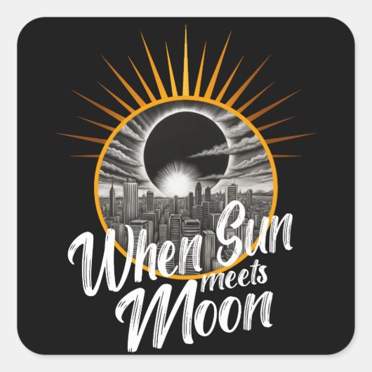 Als de zon maan ontmoet, zwart wit eclips vierkante sticker (Voorkant)