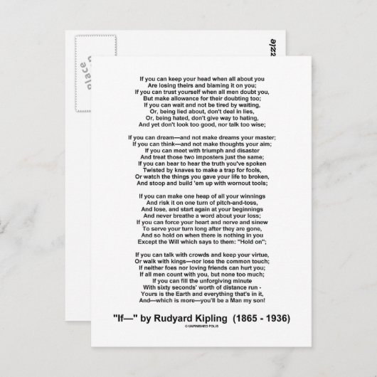 Als gedicht door Rudyard Kipling (Inspirerend gedi Briefkaart (Voorkant / Achterkant)