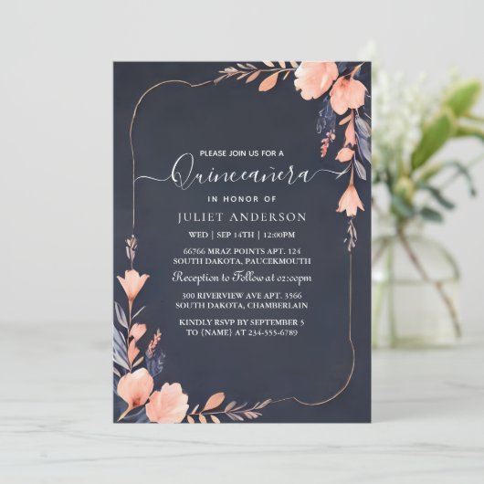 Als Glam Ball Gown Spark Dark Navy Blue Quinceaner Kaart (Staand voorkant)