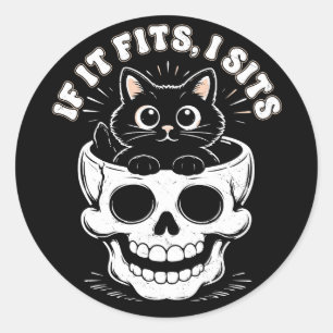 Als het past, ga ik zitten Zwarte kat schedel Mini Ronde Sticker