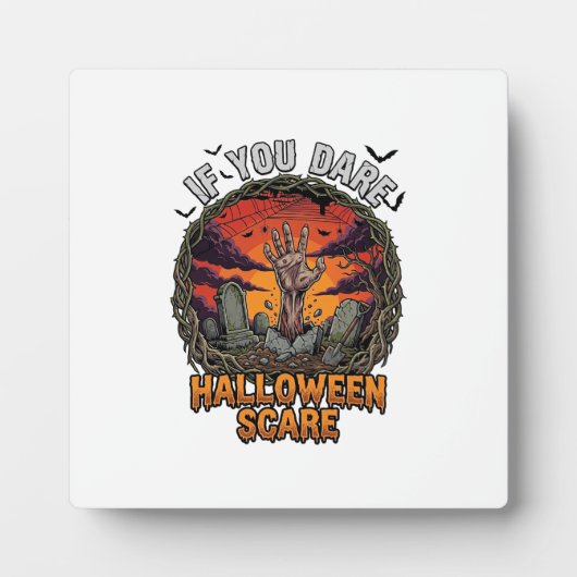 Als je durft Halloween Angst Zombie Hand Grafsteen Fotoplaat (Voorkant)