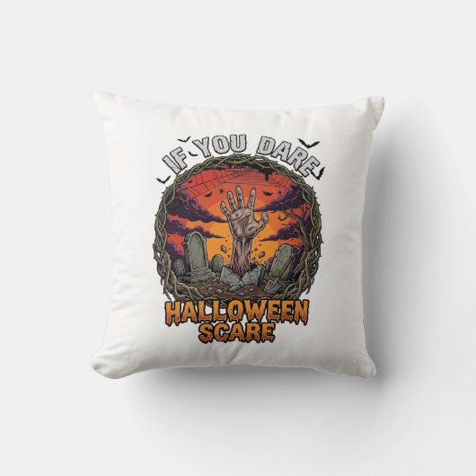Als je durft Halloween Angst Zombie Hand Grafsteen Kussen (Voorkant)