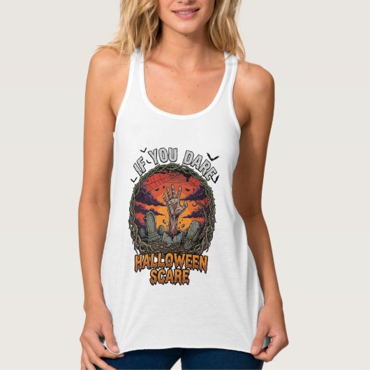 Als je durft Halloween Angst Zombie Hand Grafsteen Tanktop (Voorkant)
