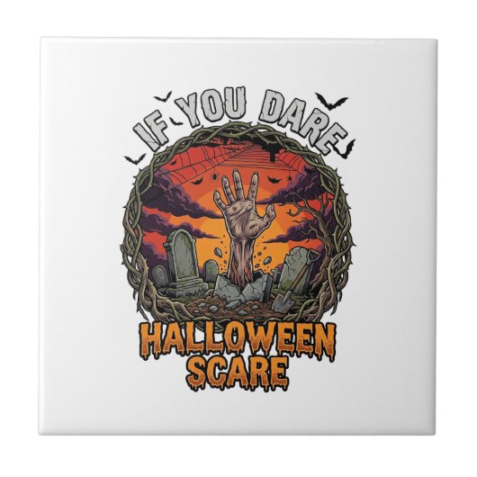 Als je durft Halloween Angst Zombie Hand Grafsteen Tegeltje (Voorkant)