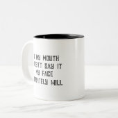 Als mijn mond het niet zegt, zal mijn gezicht zeke tweekleurige koffiemok (Voorkant links)