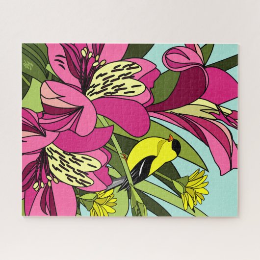 Alstroemeria Flower en Goldfinch Jigzaag Puzzle Legpuzzel (Horizontaal)