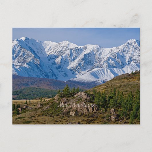 Altai Mountains, schilderachtig foto, met opschrif Briefkaart (Voorkant)