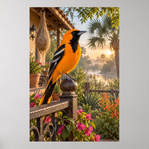 Altamira Oriole op een tuin patio bij zonsopgang – Poster