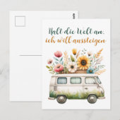 Alter Van mit Blumen- Hippiebus mit Blumen Briefkaart (Voorkant / Achterkant)