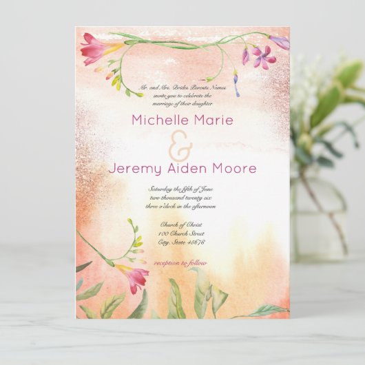 Alternate Boho Freesia roze Pop bruiloft Kaart (Staand voorkant)