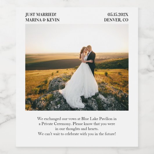 Alternatieve Elopement bruiloft aankondiging Wijn Etiket (Enkel label)