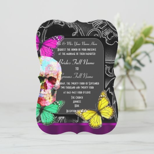 Alternatieve gotische suiker schedel bruiloft kaart (Staand voorkant)