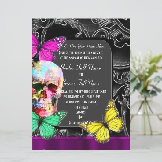 Alternatieve gotische suiker schedel bruiloft kaart (Staand voorkant)