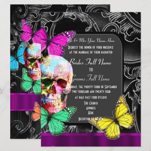 Alternatieve gotische suiker schedel bruiloft kaart (Voorkant / Achterkant)