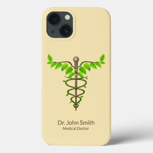 Alternatieve medische kaduceus Green Leaves Beige Case-Mate iPhone Case (Achterkant)