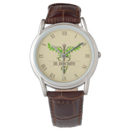 Alternatieve medische kaduceus Green Leaves Beige Horloge