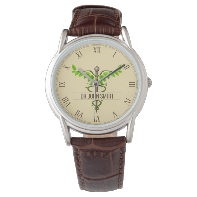 Alternatieve medische kaduceus Green Leaves Beige Horloge (Voorkant)