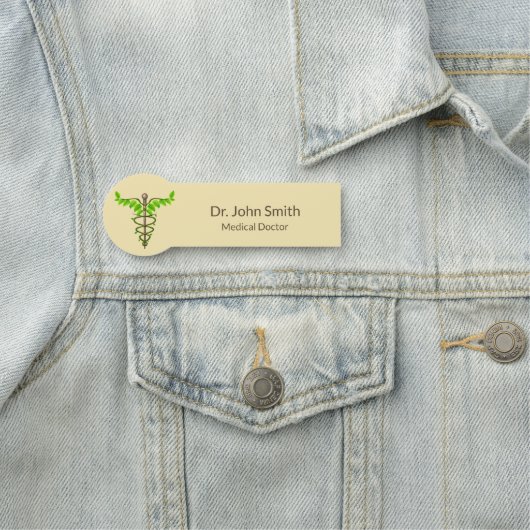 Alternatieve medische kaduceus Green Leaves Beige Naamplaatje (In situ)