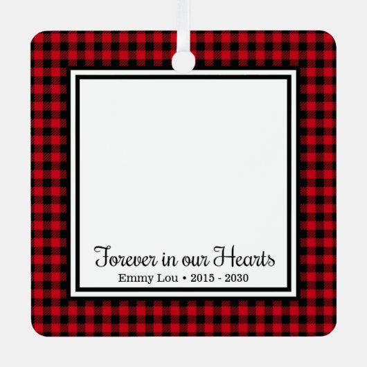 Altijd in onze harten Rood Buffalo geruit kat Metalen Ornament (Voorkant)