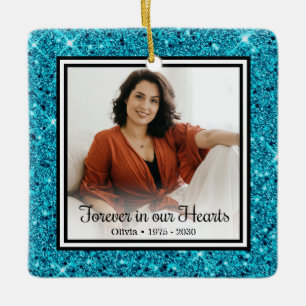 Altijd In Onze Hartjes Aqua Glitter Herdenking Keramisch Ornament