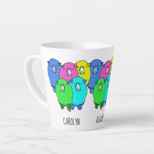 Altijd klaar om kleurrijke schapen te breien. Jouw Latte Mok (Linkerhoek)