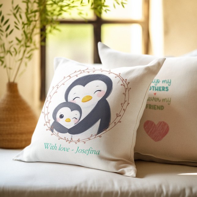 Altijd mijn moeder - Pinguïn Mum Baby Kussen (Always my Mother - Penguin Mum Baby Throw Pillow)