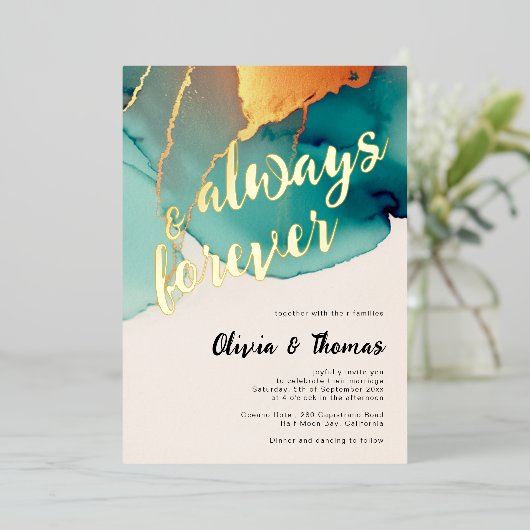 Altijd voor altijd Blauwgroen Sinaasappel Modern H Folie Uitnodiging (Staand Voorkant)