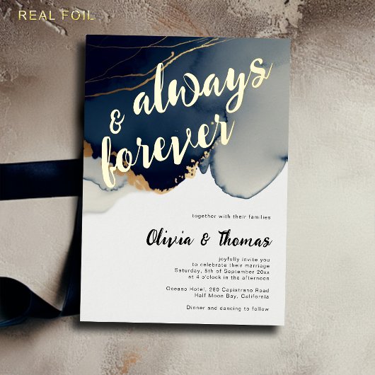 Altijd voor altijd Marine Blauw Modern Boho Beach Folie Uitnodiging