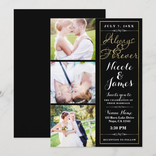 ALTIJD & VOOR ALTIJD Modern 3 Foto Zwart Goud Trou Kaart (Voorkant / Achterkant)