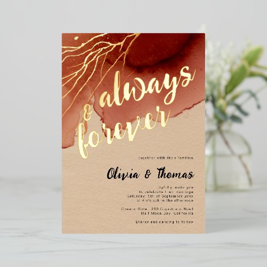 Altijd voor altijd Terracotta Beach herfst bruilof Folie Uitnodiging (Staand Voorkant)