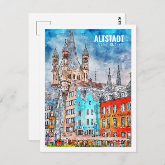 Altstadt Koln Duitsland Beroemde Reis Waterverf Briefkaart (Voorkant / Achterkant)