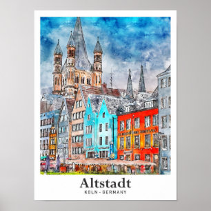 Altstadt Koln Duitsland Reizen Waterverf Hand gete Poster
