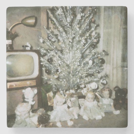  aluminium kerstboom met oud speelgoed stenen onderzetter (Voorkant)