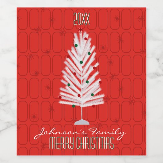 Aluminium kerstboom op rood wijn etiket (Enkel label)