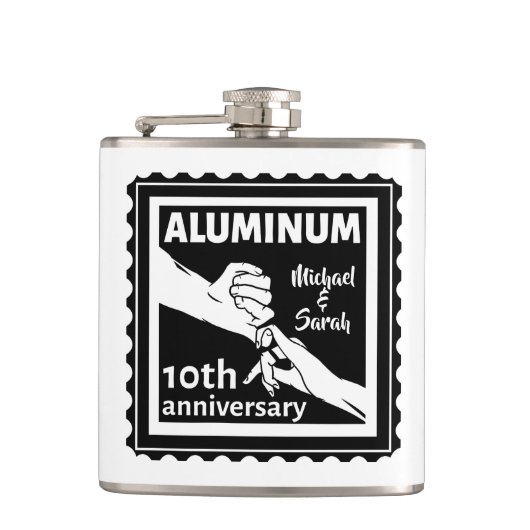 ALUMINIUM traditionele 10e trouwdag cadeau Heupfles (Voorkant)