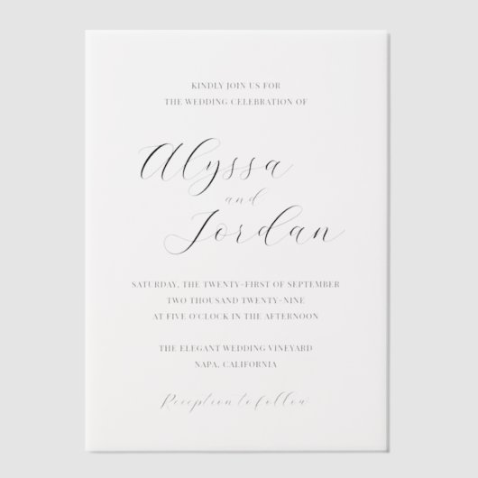 Alyssa kalligrafie typografie Elegante bruiloft Vellum Uitnodigingen (Voorkant)