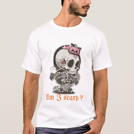 Am I Scary? – Cute Skeleton Halloween Design T-shirt (Voorkant)