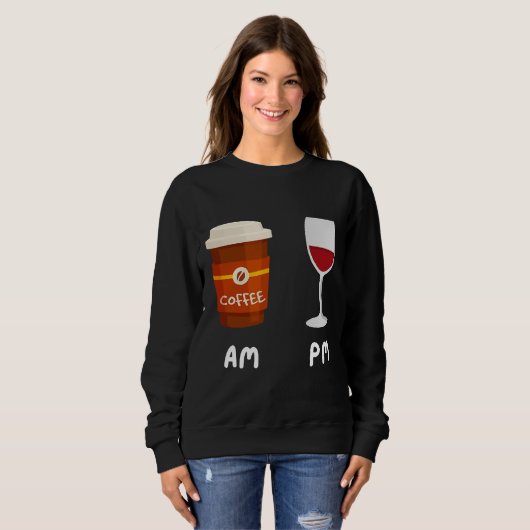 AM Koffie PM Wijn Koffie Cafeïne Wijn Drinker SH Trui (Voorkant volledig)