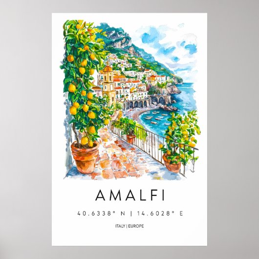 Amalfi Aquarel Poster Amalfi Reisprint (Voorkant)
