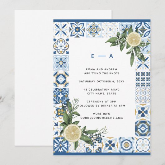 Amalfi Blue Tegel Waterverf Citrus Citrus bruiloft Kaart (Voorkant / Achterkant)