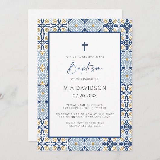 Amalfi Blue Yellow Tile Mediterranean Baptisme Kaart (Voorkant / Achterkant)
