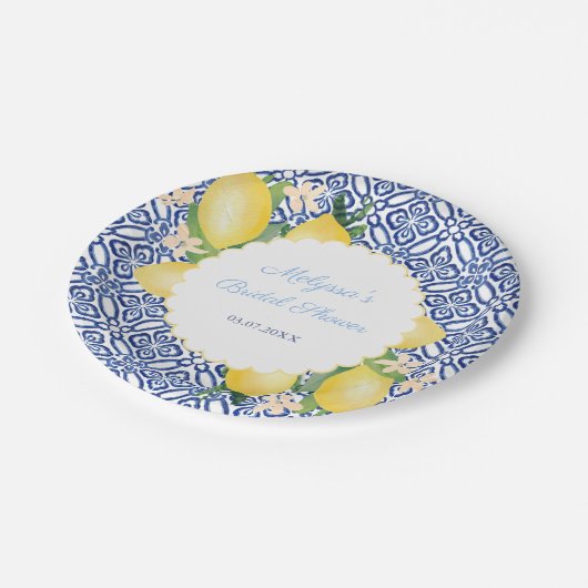 Amalfi-citroen blauwe witte Italië tegels bruidson Papieren Bordje (Gekanteld)
