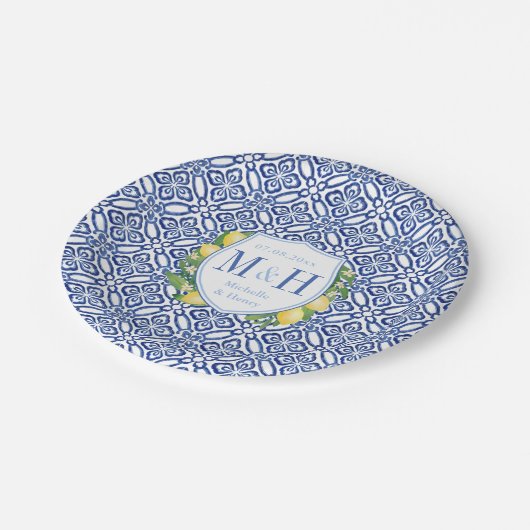 Amalfi citroenen blauw en wit Tegel bruiloft Papieren Bordje (Gekanteld)